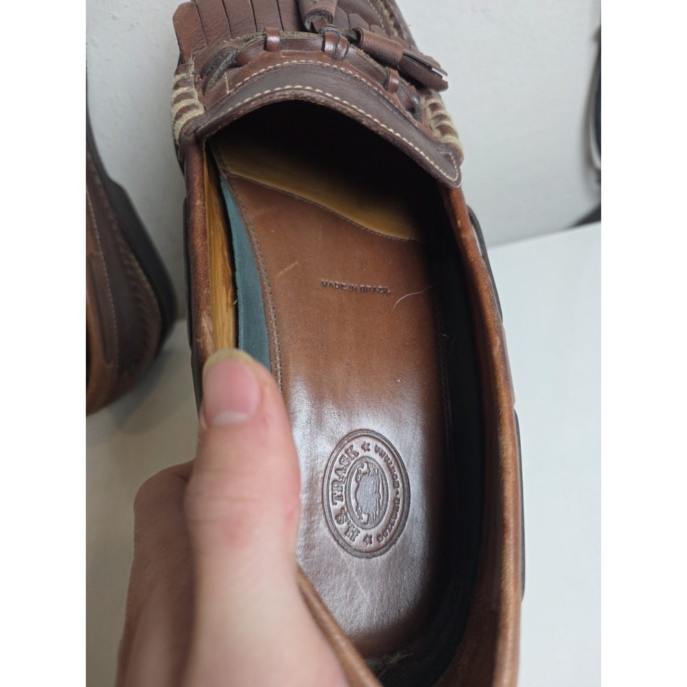H.S. Trask Brown Leather Slip On Loafers Mens 10.5 Country Club Preppy Slip Knot - Picture 14 of 15